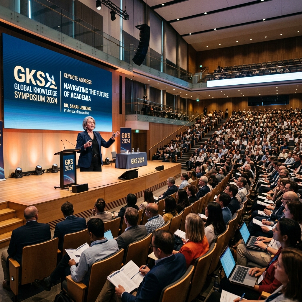 A large academic conference keynote presentation, featuring a speaker on stage in front of a modern audience.