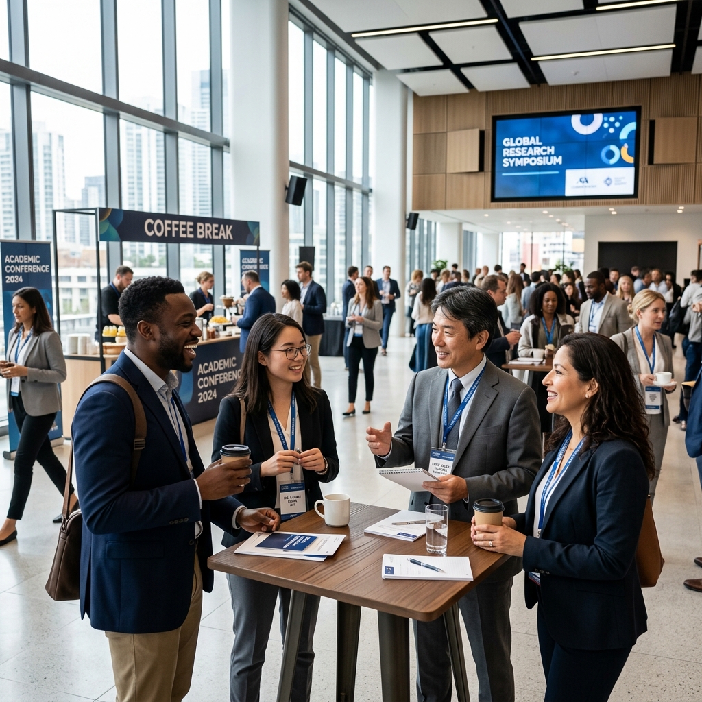 Academic researchers networking during a conference break in a modern hall.